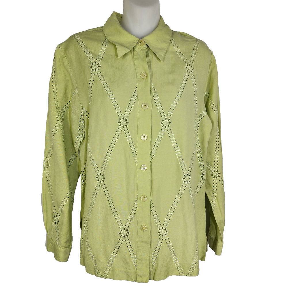 Coldwater Creek Womens Shirt Linen Blend Button Front Eyelet Long Sleeve Size 6